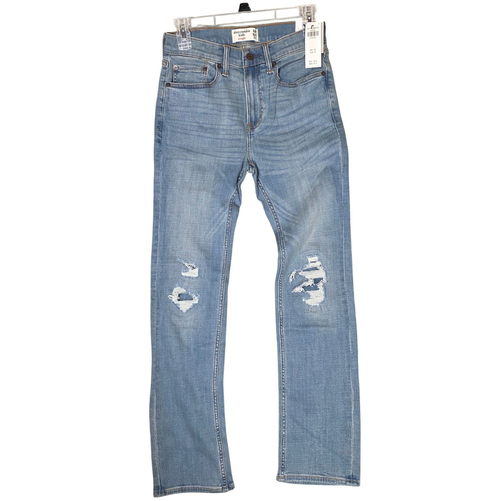 Abercrombie Kids Slim Straight Distressed Light Wash Denim Jeans Size 15 16